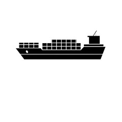 Obraz premium Black silhouette of a cargo ship with stacked containers, representing maritime transport, logistics, and freight delivery. Ideal for shipping and trade-related concepts.