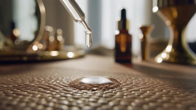 Golden serum drop falls onto leather surface from pipette with luxury skincare products in background