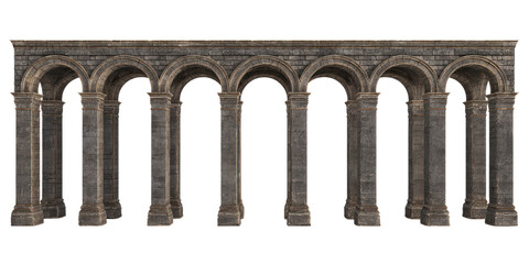 Fototapeta premium An Ancient Romanesque Stone Arcade Featuring a Repeating Pattern of Arches and Pillars for Historical Building Design on a Transparent Background.
