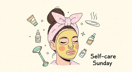 Fototapeta premium Woman with face mask and skincare products for self care sunday routine relaxation