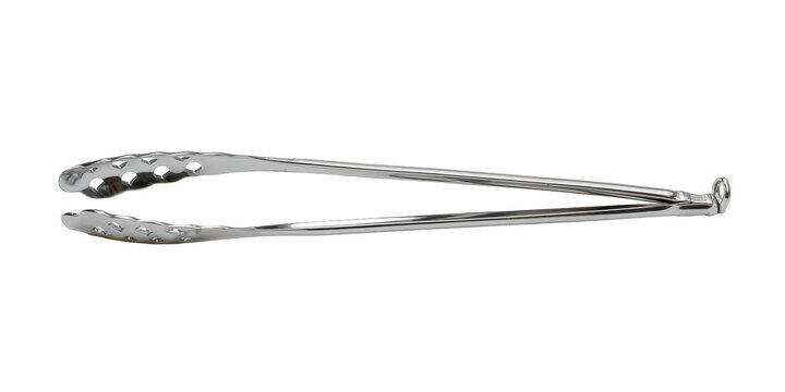Shiny Stainless Steel Kitchen Serving Tongs for Salad Barbecue and Cooking Food Shown Open and Isolated on a Transparent Background.