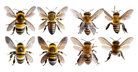 Close-Up Views of Various Honey Bees on a Transparent Background, Bundle Set Collection, Isolated on Transparent Background