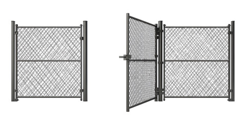 A Realistic 3d Rendering of a Dark Gray Metal Chain Link Fence with an Open and Closed Gate Section Isolated on a Transparent Background