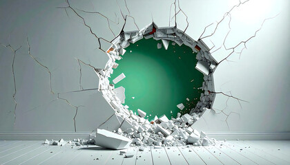 Fototapeta premium 壁を突き破る円形の穴と緑の空間 3Dコンセプト背景。Circular Hole Breaking Through Wall with Green Space Background.