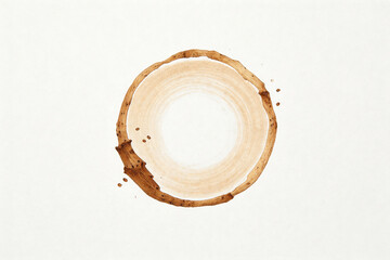 Abstract circular coffee stain ring on white background, representing a spilled drink mark with brown coffee texture and liquid splashes.