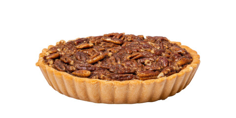 A Delicious Homemade Pecan Pie with a Flaky Crust and Rich Nutty Filling Is Shown from a Side Angle on a Transparent Background.