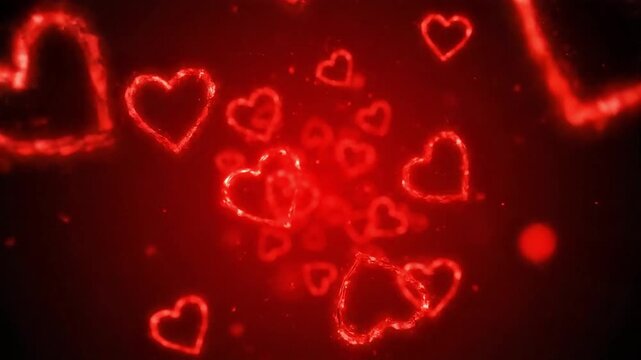 Neon red hearts surging toward camera in energetic cinematic tunnel