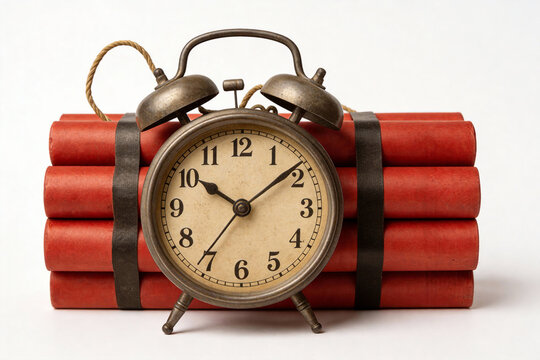 Vintage alarm clock with bells placed on stacked dynamite sticks, symbolizing a countdown to explosion, danger, and urgency.