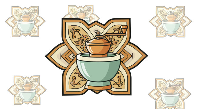 A coffee grinder inside a flower design, surrounded by faint outlines of the same image