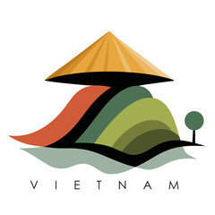 Fototapeta premium Stylized Vietnamese Landscape with Traditional Conical Hat and Layered Hills