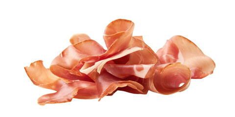 Thin Slices of Delicious Italian Prosciutto Crudo a Popular Dry Cured Ham Arranged in a Delicate Pile with a Transparent Background.