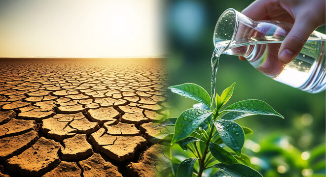 Climate Change Concept: Contrast Between Dry Cracked Earth and Watering a Green Plant