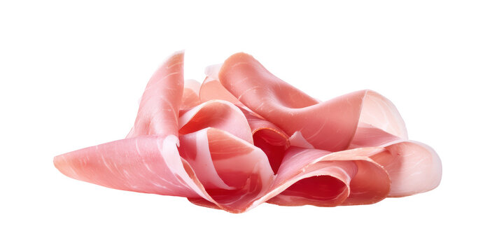 Delicate Slices of Italian Prosciutto Crudo, a Dry Cured Ham Appetizer, Are Beautifully Folded and Arranged on a Transparent Background.