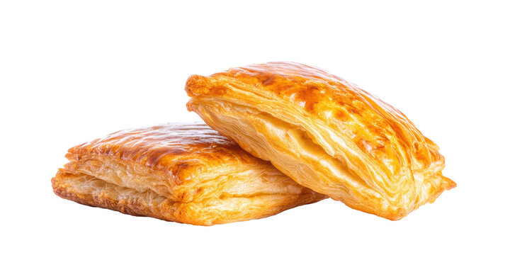 A Close Up Studio Shot of Two Freshly Baked Rectangular Puff Pastry Turnovers with a Crispy Golden Crust Isolated on a Transparent Background.
