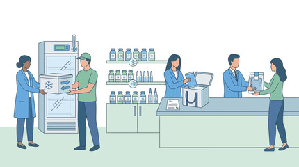 Fototapeta premium Pharmaceutical professionals handling cold storage products in modern lab