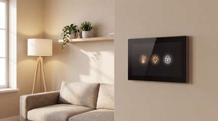 Modern Smart Home Automation Control Panel Interface on Wall in Minimalist Luxury Interior, Futuristic Technology Integration