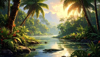 Lush Tropical River Scene with Alligator and Palm Trees.