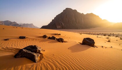 Majestic Desert Landscape with Sand Dunes and Rocky Outcrops at Sunset.