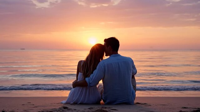 A couple, embracing on a beach, watches the sunset, with the sky ablaze with orange light