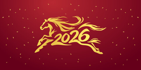 Naklejka premium Chinese new year celebration 2026 design with traditional horse symbol and handwritten typography on red background