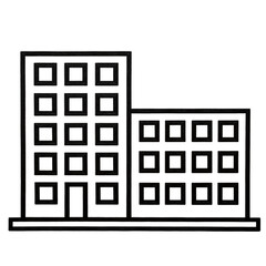 Minimalist black-and-white line art illustration of a multi-story office building with uniform windows and a simple design, suitable for architectural or urban design contexts.