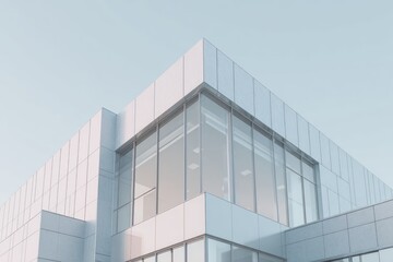 Fototapeta premium Modern building with clean lines and large glass windows reflects sky.