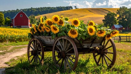 Sunflowers in a vintage wagon on a rural farm.