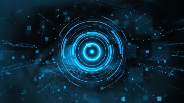futuristic technology digital eye interface with glowing blue circular hud elements and cyber security data visualization on a dark abstract background for artificial intelligence