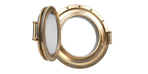 A Realistic 3d Render of an Open Round Brass Ship Porthole with Glass and Rivets Isolated on a Transparent Background for Design