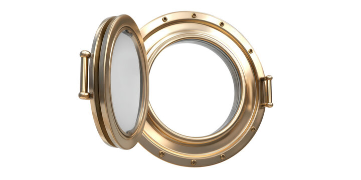 A Realistic 3d Render of an Open Round Brass Ship Porthole with Glass and Rivets Isolated on a Transparent Background for Design