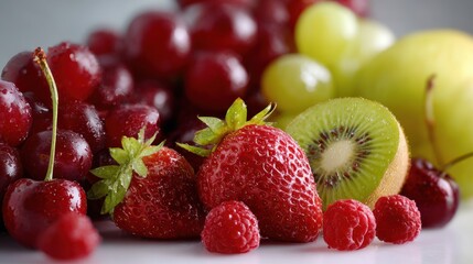 Close-up of fresh mixed berries including strawberries raspberries grapes and kiwi fruit on a
