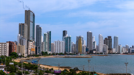 Fototapeta premium Cartagena City Skyline over Caribbean Sea Coastline, Colombia, Blue Sky