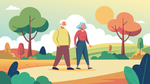 A heartwarming scene of an elderly couple strolling together in a picturesque outdoor setting, surrounded by lush greenery and a serene atmosphere. - Powered by Adobe