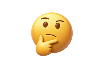 Obraz na płótnie Canvas 3D rendering of a yellow thinking emoji with a hand on its chin, expressing contemplation, confusion, or curiosity. It's a digital icon for emotional communication and thought processes.