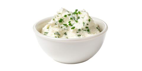 A Simple White Ceramic Bowl of Creamy Cottage Cheese Mixed with Fresh Chopped Chives, a Healthy Protein Dairy Snack Isolated on a Transparent Background.