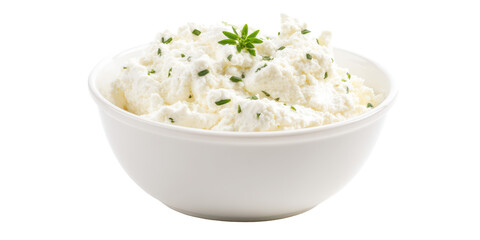 A Fresh and Creamy Bowl of Cottage Cheese Mixed with Chopped Green Chives and Garnished with a Small Herb Sprig, Isolated on a Transparent Background.