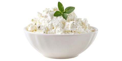 A White Ceramic Bowl Filled with Fresh Cottage Cheese or Curd Cheese with Herbs and Garnished with a Green Basil Leaf on a Transparent Background.