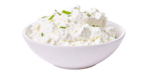 A White Bowl of Creamy Cottage Cheese with Fresh Green Chives a Healthy Dairy Product and Nutritious Protein Breakfast on a Transparent Background.