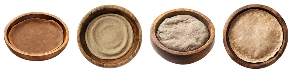 Four bowls contain different ingredients used in making bread. They each show different stages of dough and flour in a wooden bowl.