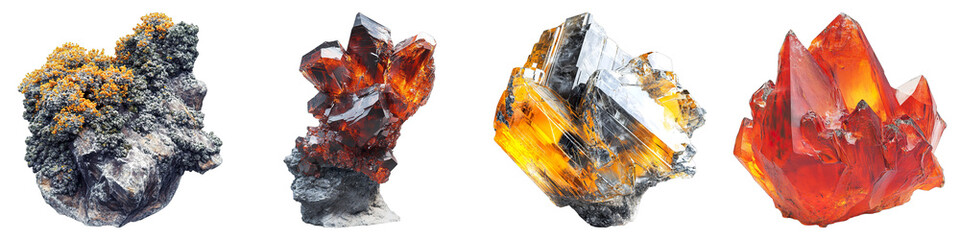 Close-up shot of several beautiful crystal formations of different colors. The crystals exhibit intricate textures and vibrant colors.