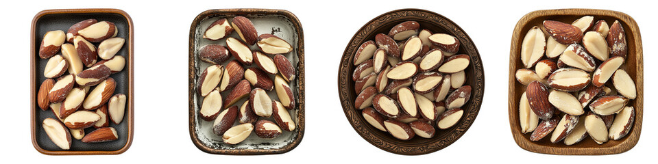 An overhead shot of four different dishes filled with brazil nuts, showcasing the natural textures and colors.