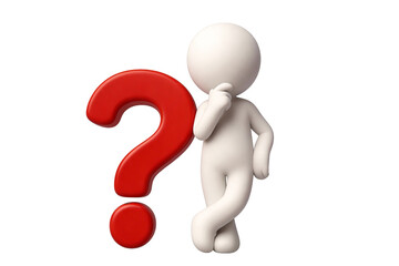 3D white character in thinking pose next to large red question mark, symbolizing curiosity, confusion, and inquiry. Abstract representation of thought process and questioning.