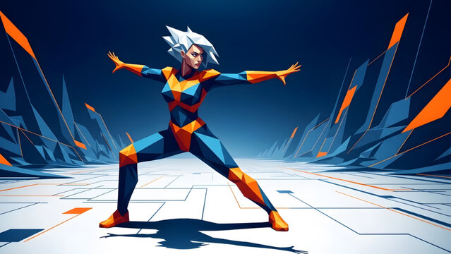 Futuristic female superhero vector illustration in low poly style action pose