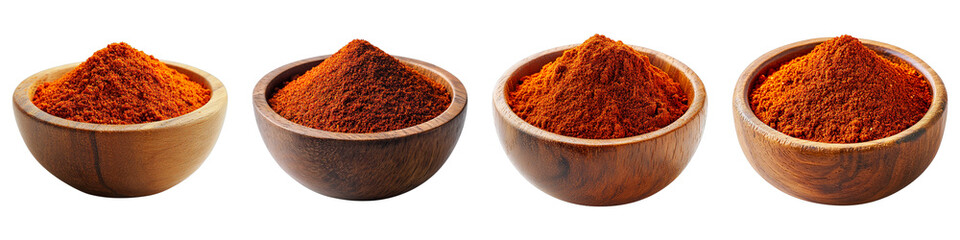 Red chili powder in wooden bowls displayed in a row. A close-up shot of several small, round wooden bowls filled with bright red chili powder arranged in a horizontal line, showcasing a popular spice.
