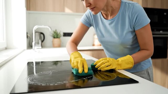 Woman in yellow gloves meticulously cleaning a black ceramic stovetop with a green sponge