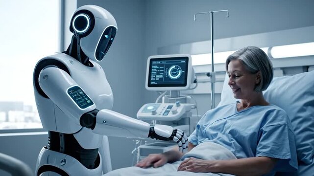 A robot assisting a patient in a hospital bed, offering a hand for support and comfort