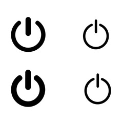Set of black power button icons with varying styles, representing electrical power on/off symbols. Designed for UI/UX, technology, and electronic device interfaces.