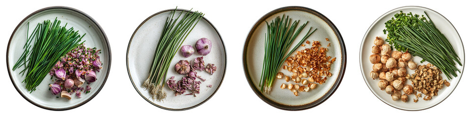 Freshly cut herbs and spices, a vibrant array for culinary creation, artfully arranged on pristine plates. A feast for the eyes before it hits the palate. 