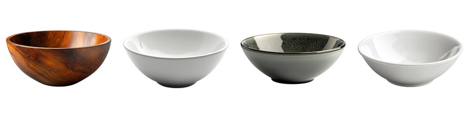 A collection of four simple, yet elegant bowls. Each bowl has its own unique design, from the wood-like finish to the modern ceramic feel. These bowls are perfect for any occasion.