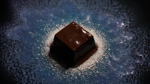A glossy dark chocolate cube, dusted, sits atop a textured, dark surface